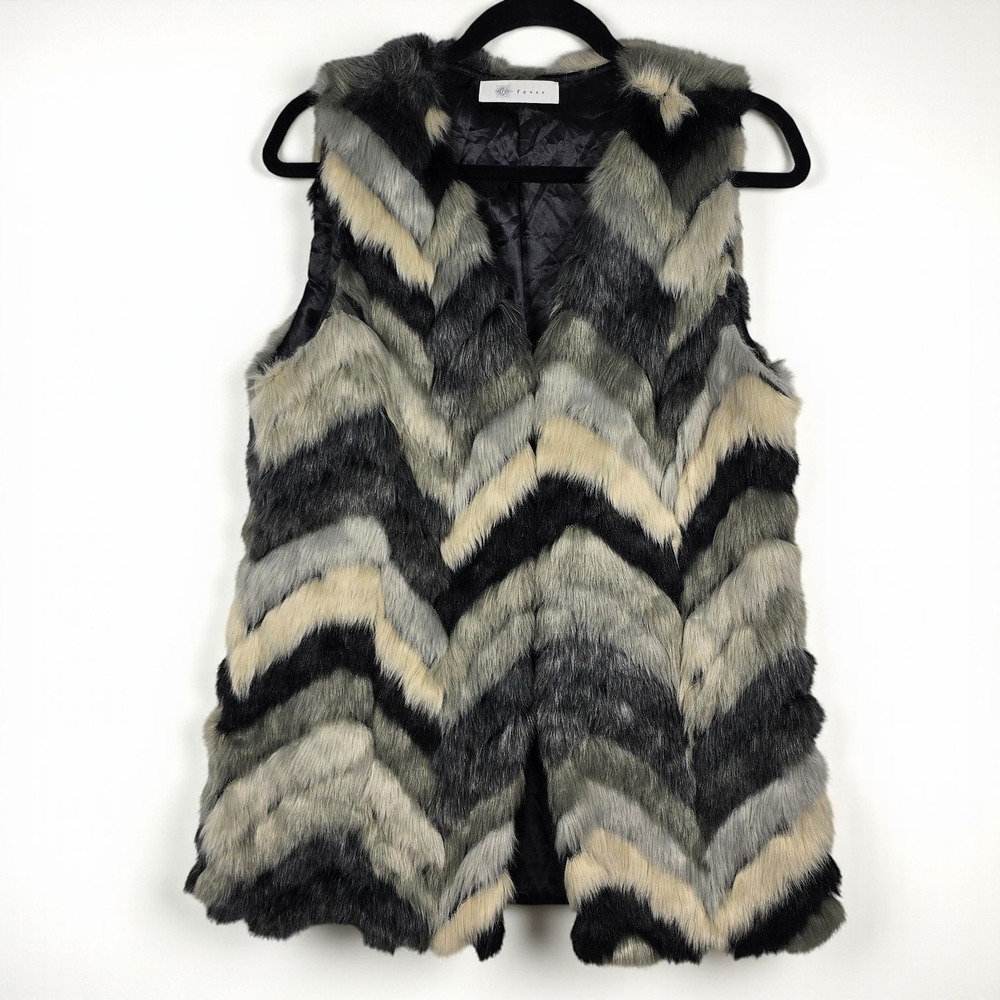 Fever Faux Fur Vest Sleeveless Chevron Striped Gray Black Beige Womens Small